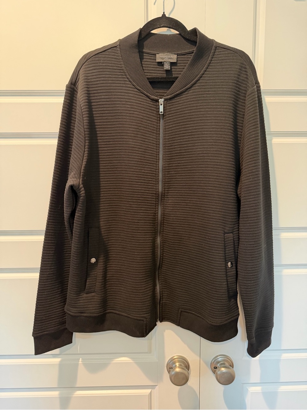 Magaschoni Man Black Textured Knit Zip Bomber Jacket Men’s Size Large